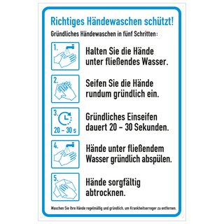 Hinweisschild Anleitung "Richtiges Händewaschen schützt!", Kunststoff, 135 x 200 mm