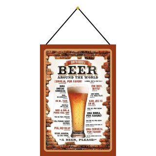 Schild Spruch "How to order a beer around the world, beer please" Ziegelsteine 20 x 30 cm Blechschild mit Kordel