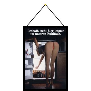 Schild Spruch "Deshalb steht das Bier immer im unteren Kühlfach" 20 x 30 cm Blechschild mit Kordel