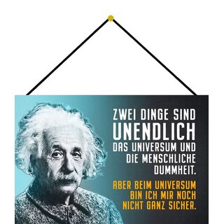 Schild Spruch "unendlich, Universum Dummheit" Einstein blau 20 x 30 cm Blechschild mit Kordel