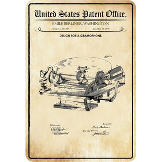 Schild Motiv "Design for a Gramophone, Washington Patent" 20 x 30 cm