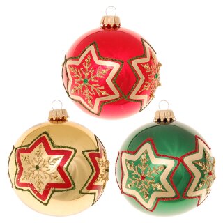 Krebs Glas Lauscha Weihnachtskugeln Gold mit Stück Rot 3 Sternen Grün