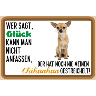 Schild Spruch "Wer sagt Glück kann man nicht anfassen Chihuahua" 30 x 20 cm Blechschild