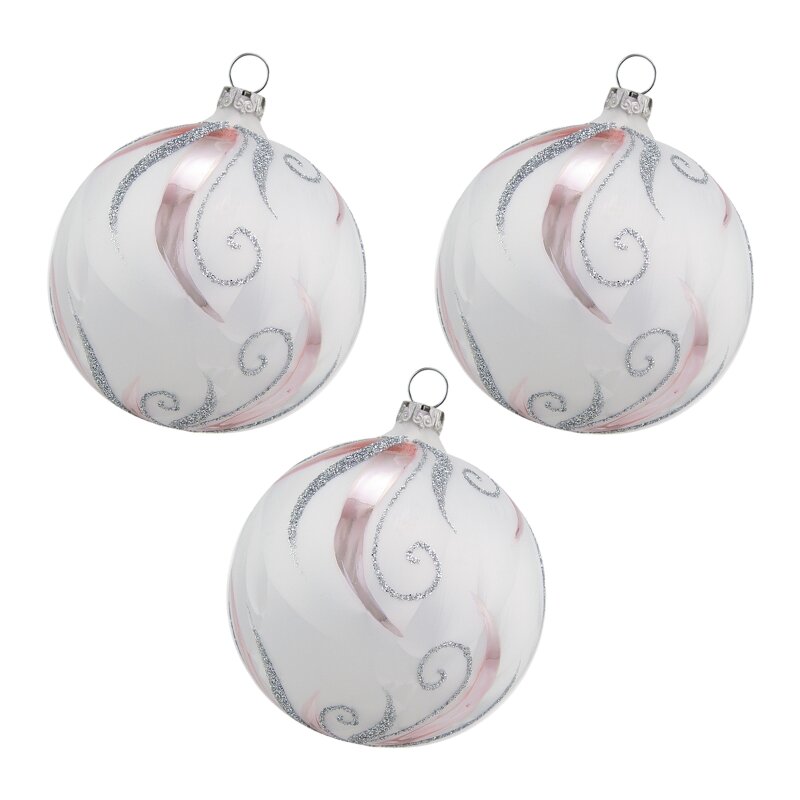 Thüringer Glasdesign Weihnachtskugeln Weiß mit 3 Stück/Set, Eislack Glitterdeko, cm 8 ca. mit