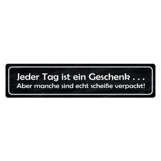 Blechschild "Jeder Tag ist Geschenk, scheiße verpackt" 46 x 10 cm Dekoschild Motivation