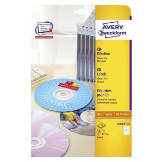 Avery Zweckform® L6043-25 CD-Etiketten, Ø 117 mm, 25 Blatt/50 Etiketten, weiß