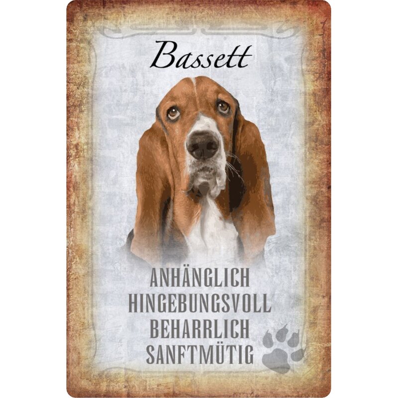 Schild Spruch &quot;Bassett, anhänglich beharrlich&quot; Hund 20 x 30 cm Blechs