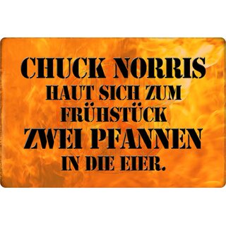 Schild Spruch "Chuck Norris zum Frühstück zwei Pfannen Eier" 20 x 30 cm Blechschild