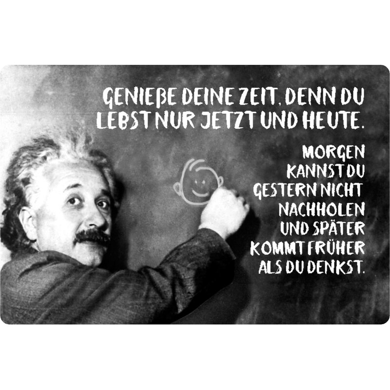 Schild Spruch "Genieße Zeit, lebst nur jetzt heute" Einstein schwarz